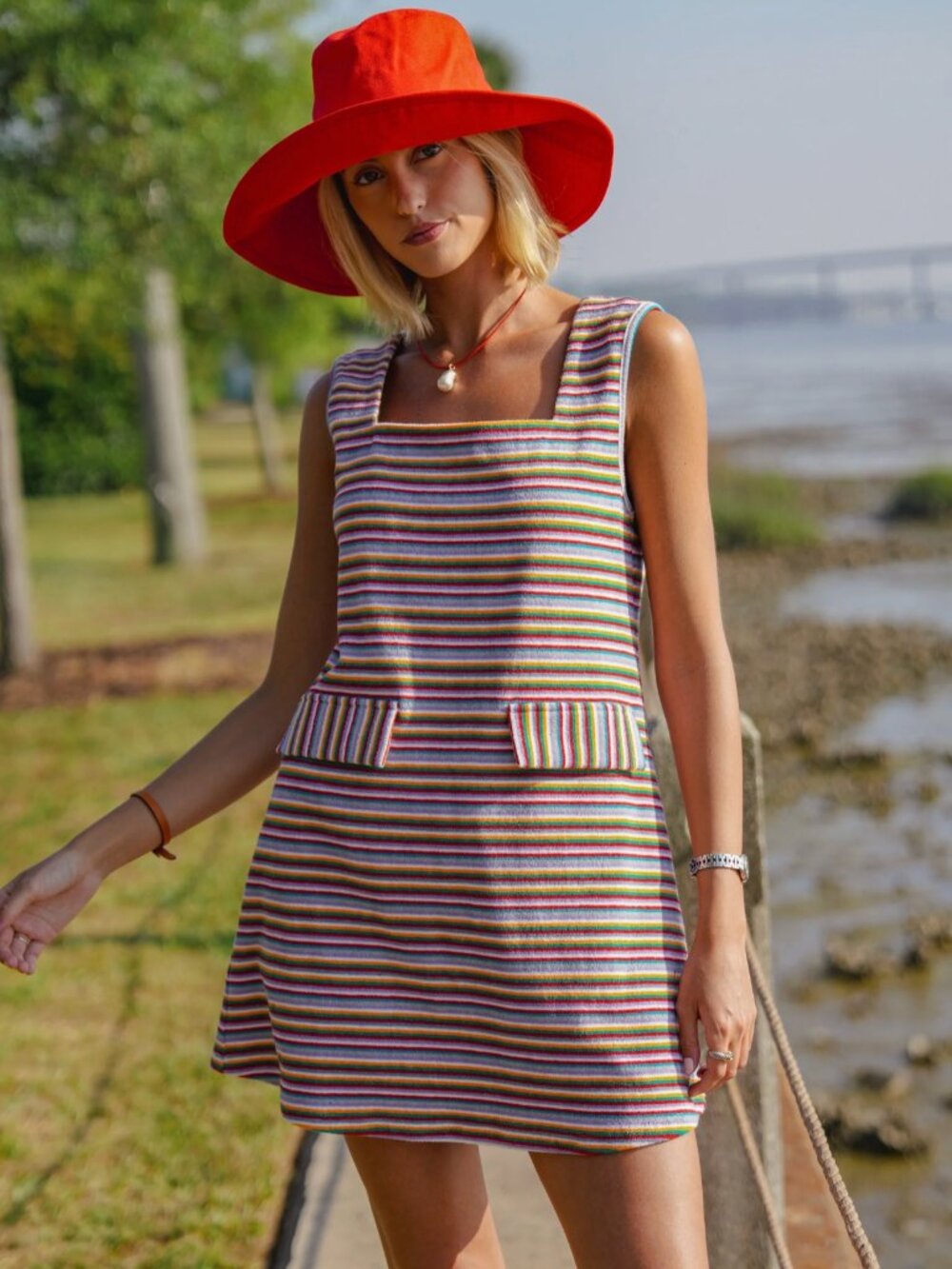 Striped Square-Neck Mini Dress in Multicolor